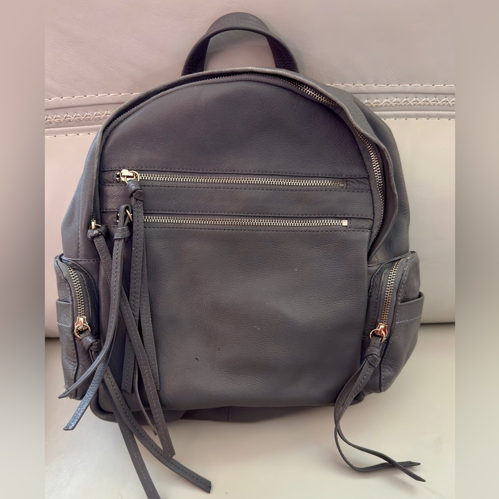 Kooba Leather Backpack Gray Pebbled Gold Hardware Tassel Zip Pockets Purse Bag